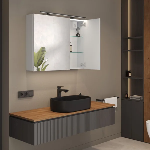 Armadietto a specchio ARIA 90 cm bianco-grigio, senza illuminazione e senza scatola prese
