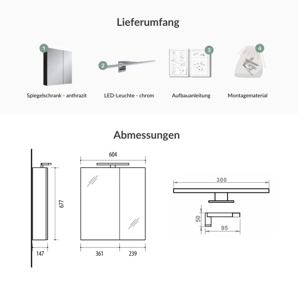 Spiegelschrank mit LED Beleuchtung 60cm (anthrazit)