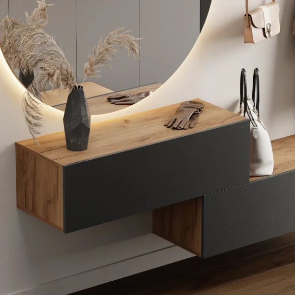 Flur Möbel Garderobe 2x Hängeschrank 100 cm gold eiche / anthrazit mit Nova Spiegel 100 cm