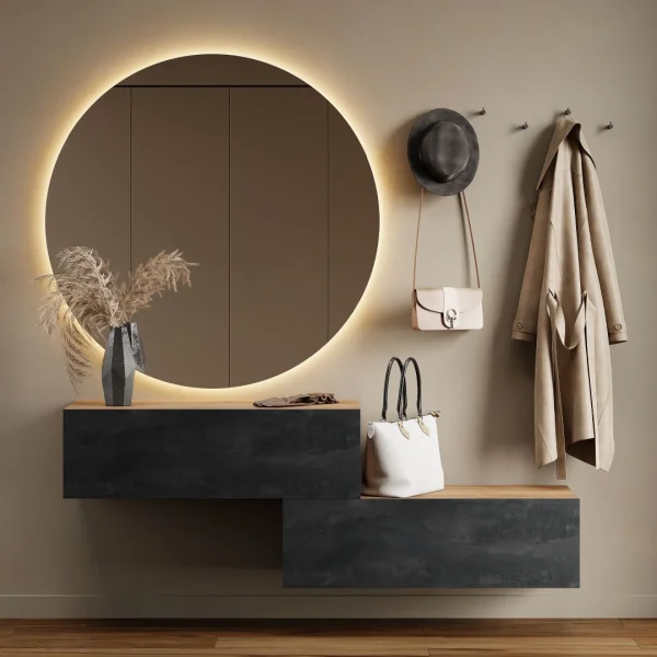 Flur Möbel Garderobe 2x Hängeschrank 100 cm gold eiche / schwarz charcoal mit Nova Spiegel 100 cm