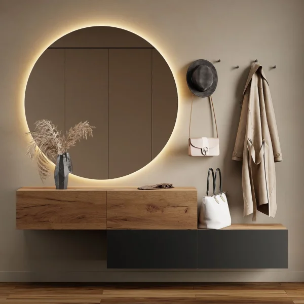 Flur Möbel Garderobe 2x Hängeschrank 140 cm gold eiche - gold eiche / anthrazit mit Nova Spiegel 100 cm