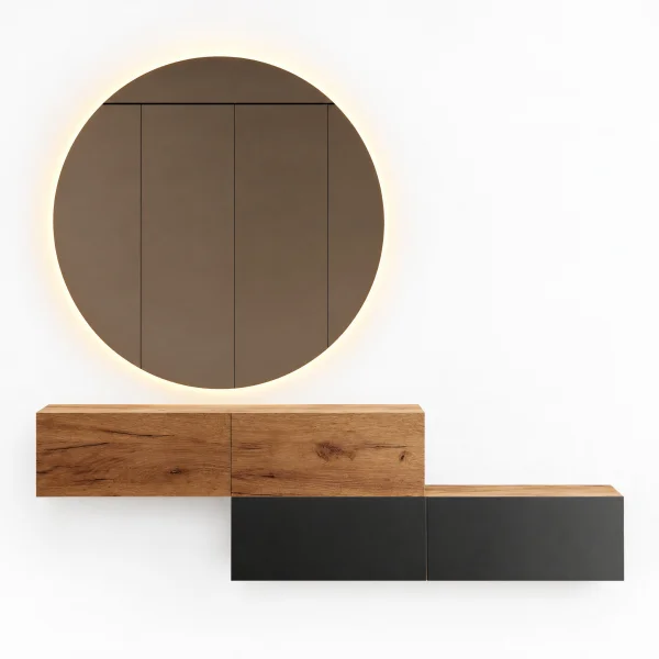 Flur Möbel Garderobe 2x Hängeschrank 140 cm gold eiche - gold eiche / anthrazit mit Nova Spiegel 100 cm