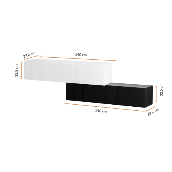 Meubles dentrée : penderie composée de 2 armoires suspendues de 140 cm, blanc et noir, avec miroir Nova de 100 cm