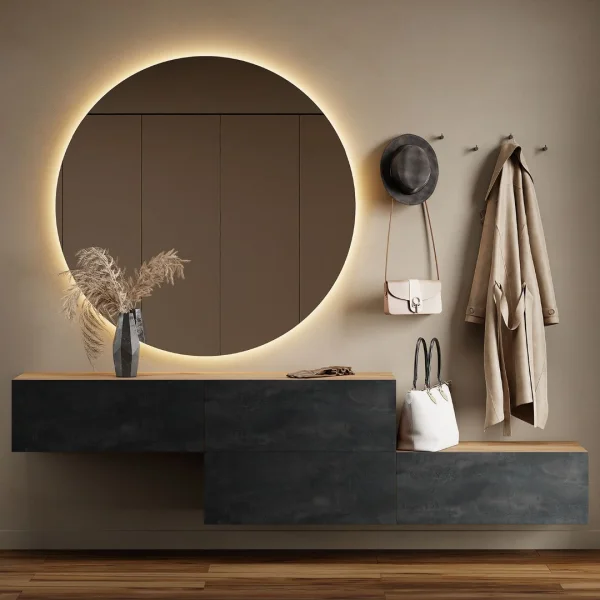 Flur Möbel Garderobe 2x Hängeschrank 160 cm gold eiche / schwarz charcoal mit Nova Spiegel 100 cm