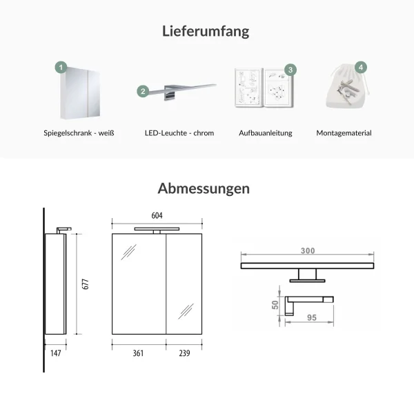 Spiegelschrank mit LED Beleuchtung 60cm (weiß)