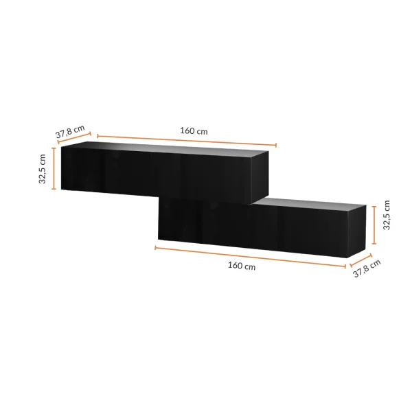 Meubles dentrée : penderie composée de 2 armoires suspendues de 160 cm, noires, avec miroir Nova de 100 cm