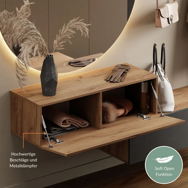 Flur Möbel Garderobe 1x Hängeschrank 100 cm gold eiche / anthrazit mit Nova Spiegel 100 cm