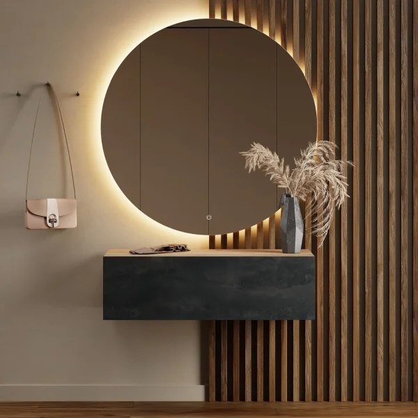 Flur Möbel Garderobe 1x Hängeschrank 100 cm gold eiche / schwarz charcoal mit Nova Spiegel 100 cm