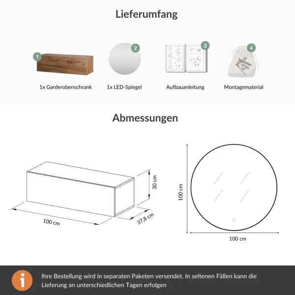 Mobili per lingresso: guardaroba con 1 armadio pensile da 100 cm in rovere dorato e specchio Nova da 100 cm
