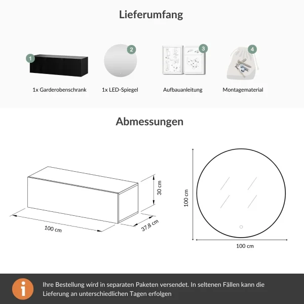 Mobili per lingresso: guardaroba composto da 1 armadio pensile da 100 cm nero con specchio Nova da 100 cm