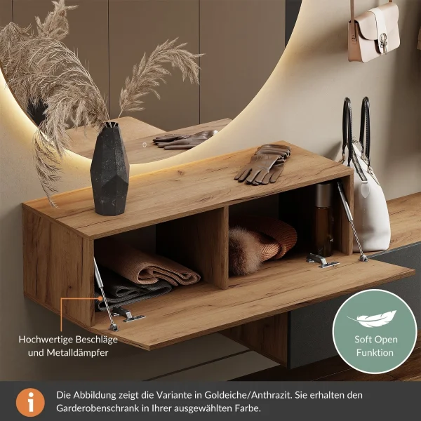 Flur Möbel Garderobe 1x Hängeschrank 140 cm gold eiche / anthrazit mit Nova Spiegel 100 cm