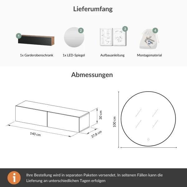 Flur Möbel Garderobe 1x Hängeschrank 140 cm gold eiche / anthrazit mit Nova Spiegel 100 cm