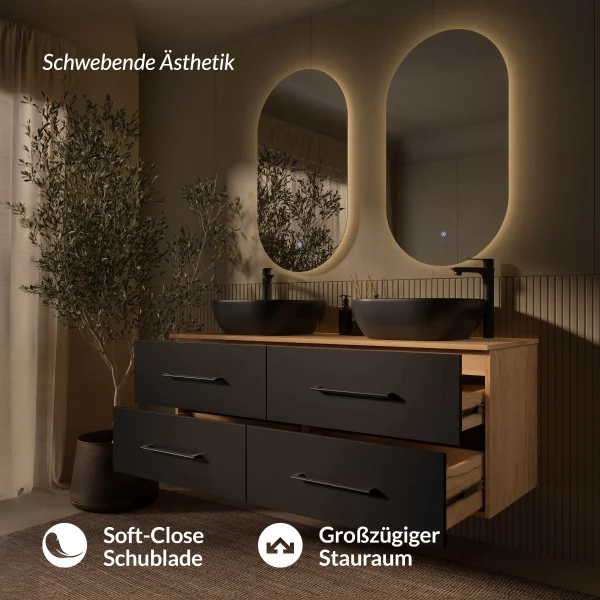 Mueble bajo de lavabo doble LUX de 140 cm, roble dorado / antracita, con 2 lavabos negros de 42 cm y 2 espejos con iluminación