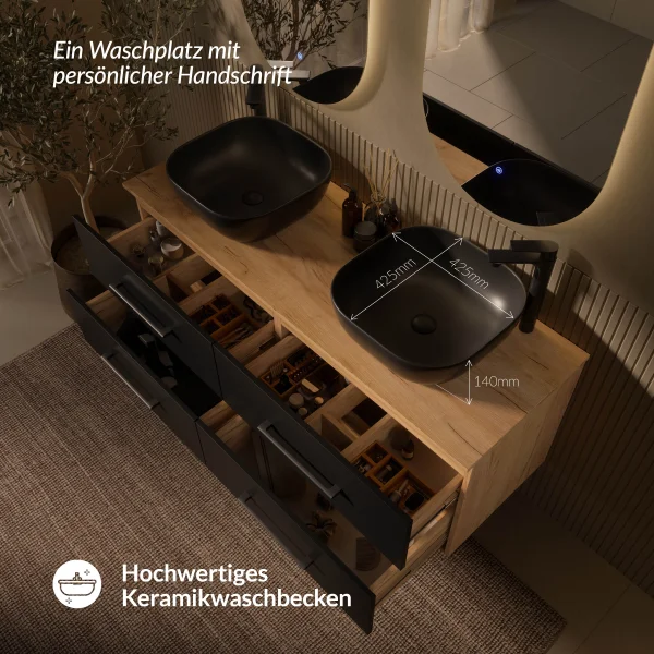 Mueble bajo de lavabo doble LUX de 140 cm, roble dorado / antracita, con 2 lavabos negros de 42 cm y 2 espejos con iluminación