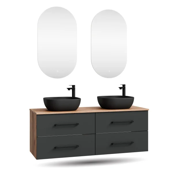 Mueble bajo de lavabo doble LUX de 140 cm, roble dorado / antracita, con 2 lavabos negros de 42 cm y 2 espejos con iluminación