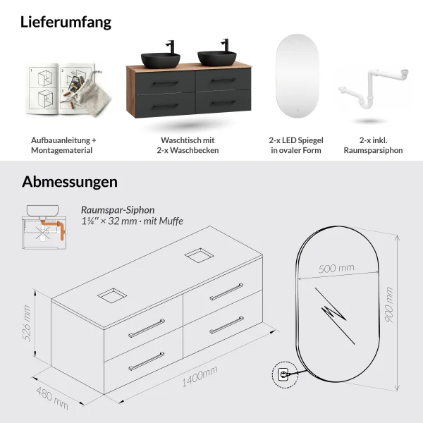 Mueble bajo de lavabo doble LUX de 140 cm, roble dorado / antracita, con 2 lavabos negros de 42 cm y 2 espejos con iluminación