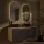 Mueble bajo de lavabo doble LUX de 140 cm, roble dorado / antracita, con 2 lavabos negros de 42 cm y 2 espejos con iluminación