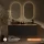 Mueble bajo de lavabo doble LUX de 140 cm, roble dorado / antracita, con 2 lavabos negros de 42 cm y 2 espejos con iluminación