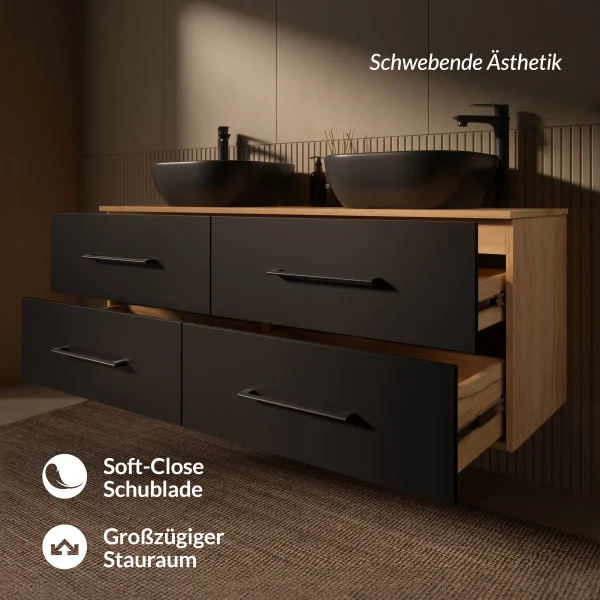 LUX 140 cm Double Vanity Cabinet in Gold Oak / Anthracite with 2 Black 42 cm Sinks, without Mirror