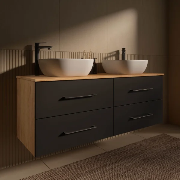 Meuble sous-lavabo double LUX 140 cm, chêne doré / anthracite, avec 2 lavabos blancs de 42 cm, sans miroir