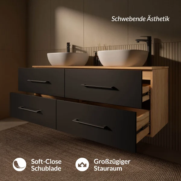 Meuble sous-lavabo double LUX 140 cm, chêne doré / anthracite, avec 2 lavabos blancs de 42 cm, sans miroir