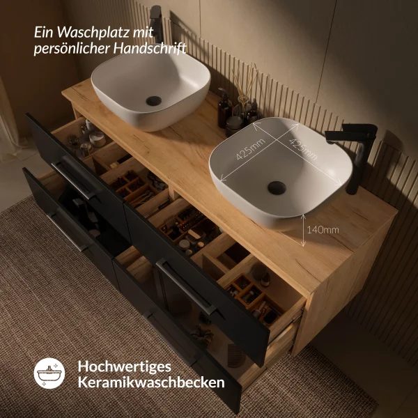 Meuble sous-lavabo double LUX 140 cm, chêne doré / anthracite, avec 2 lavabos blancs de 42 cm, sans miroir