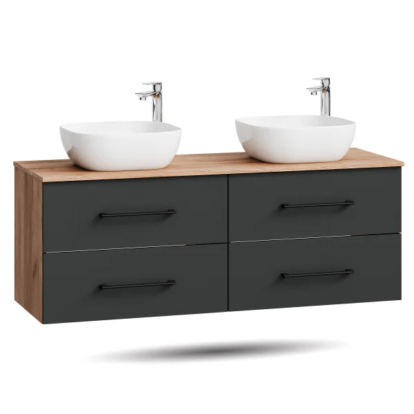 Meuble sous-lavabo double LUX 140 cm, chêne doré / anthracite, avec 2 lavabos blancs de 42 cm, sans miroir