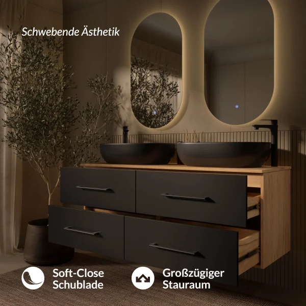 LUX 140 cm Double Vanity Cabinet in Gold Oak / Anthracite with 2 Black 60 cm Sinks and 2 Mirrors with Lighting