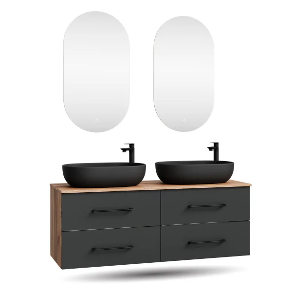 LUX 140 cm Double Vanity Cabinet in Gold Oak / Anthracite with 2 Black 60 cm Sinks and 2 Mirrors with Lighting
