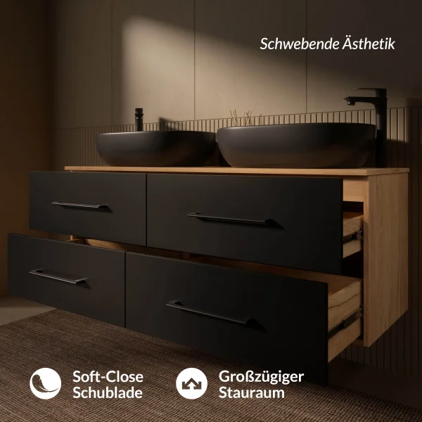 LUX 140 cm Double Vanity Cabinet in Gold Oak / Anthracite with 2 Black 60 cm Sinks, without Mirror