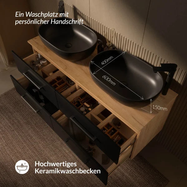 LUX 140 cm Double Vanity Cabinet in Gold Oak / Anthracite with 2 Black 60 cm Sinks, without Mirror