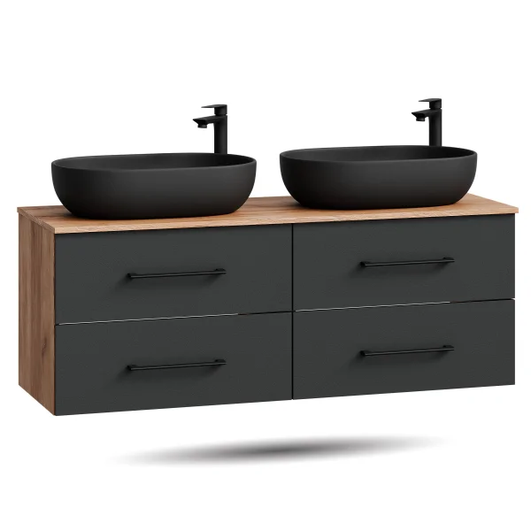 LUX 140 cm Double Vanity Cabinet in Gold Oak / Anthracite with 2 Black 60 cm Sinks, without Mirror