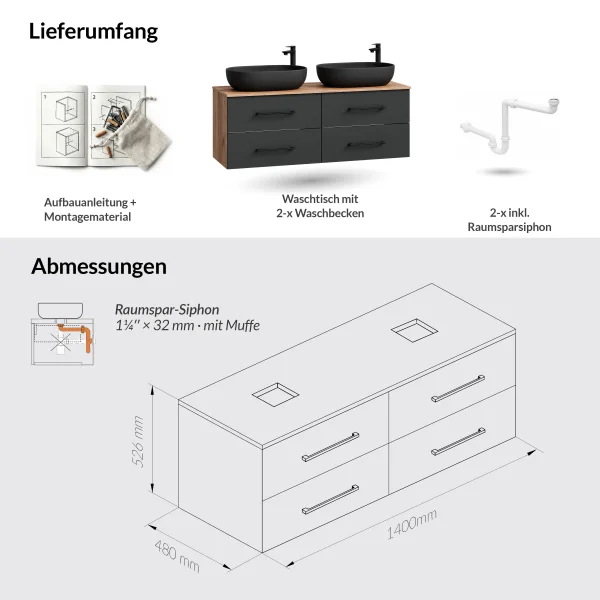 LUX 140 cm Double Vanity Cabinet in Gold Oak / Anthracite with 2 Black 60 cm Sinks, without Mirror