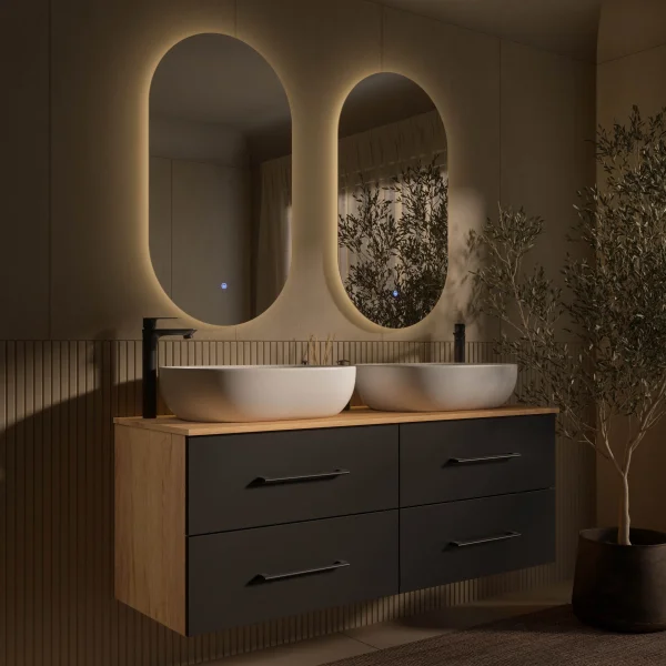 Meuble sous-lavabo double LUX 140 cm, chêne doré / anthracite, avec 2 lavabos blancs de 60 cm et 2 miroirs avec éclairage