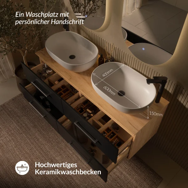 Meuble sous-lavabo double LUX 140 cm, chêne doré / anthracite, avec 2 lavabos blancs de 60 cm et 2 miroirs avec éclairage
