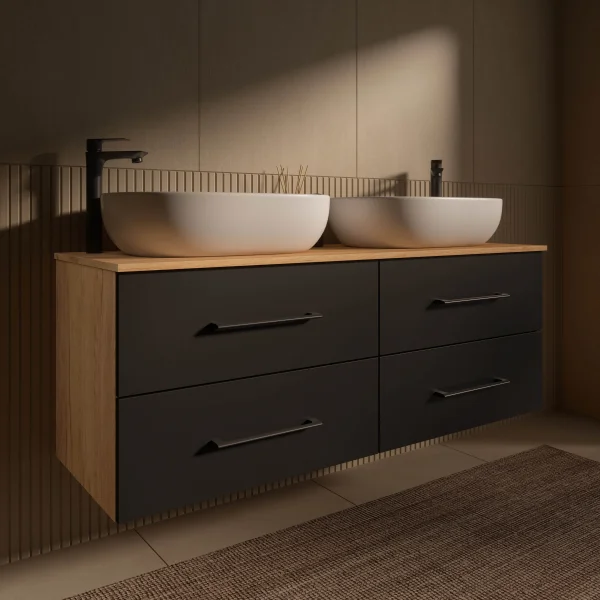 Mueble bajo de doble lavabo LUX de 140 cm, roble dorado/antracita, con 2 lavabos blancos de 60 cm, sin espejo