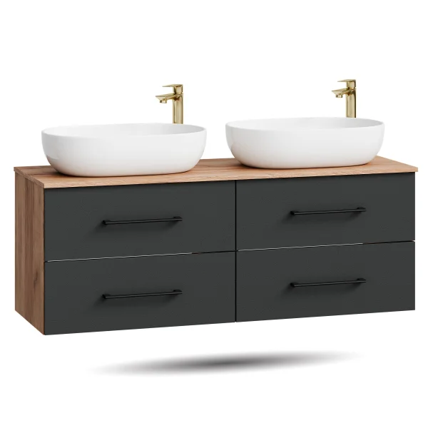 Mueble bajo de doble lavabo LUX de 140 cm, roble dorado/antracita, con 2 lavabos blancos de 60 cm, sin espejo