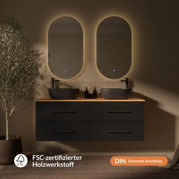 Mueble bajo de lavabo doble LUX de 140 cm, roble dorado / antracita, sin lavabo y sin espejo