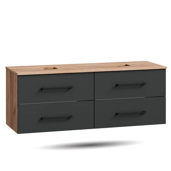 Mueble bajo de lavabo doble LUX de 140 cm, roble dorado / antracita, sin lavabo y sin espejo
