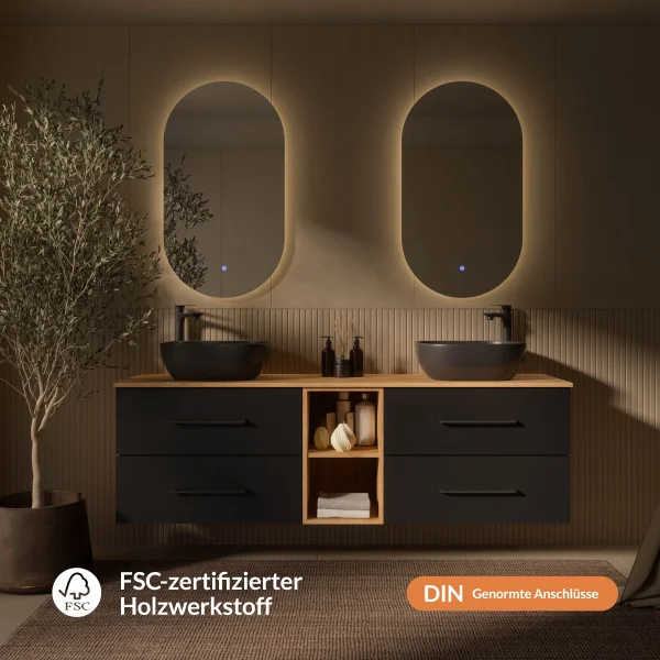 Mueble bajo de lavabo doble LUX de 170 cm, roble dorado / antracita, con 2 lavabos negros de 42 cm y 2 espejos con iluminación