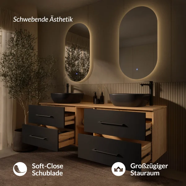 Mueble bajo de lavabo doble LUX de 170 cm, roble dorado / antracita, con 2 lavabos negros de 42 cm y 2 espejos con iluminación