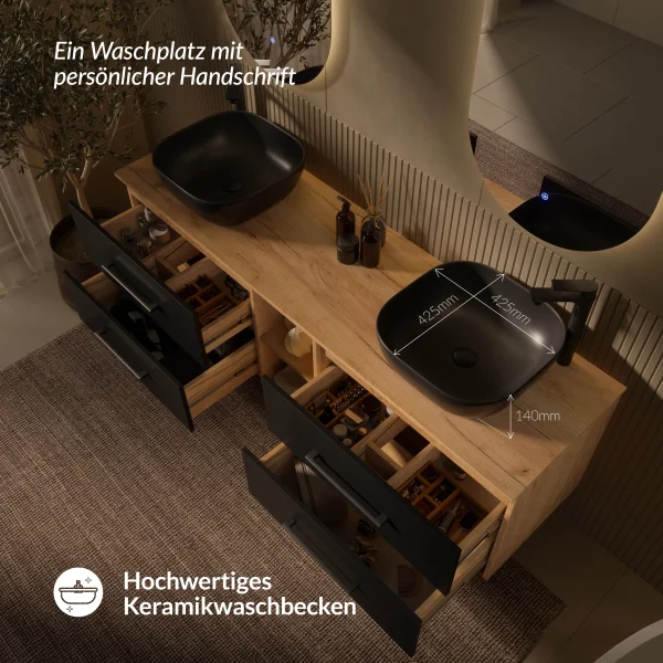 Mueble bajo de lavabo doble LUX de 170 cm, roble dorado / antracita, con 2 lavabos negros de 42 cm y 2 espejos con iluminación