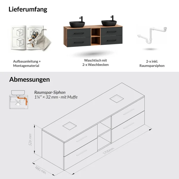 LUX 170 cm Double Vanity Cabinet, Gold Oak / Anthracite, with 2 Black 42 cm Sinks