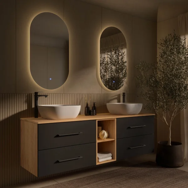 LUX 170 cm Double Vanity Cabinet in Gold Oak / Anthracite with 2 white 42 cm sinks and 2 mirrors with lighting
