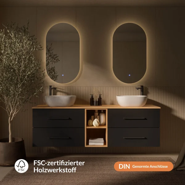 LUX 170 cm Double Vanity Cabinet in Gold Oak / Anthracite with 2 white 42 cm sinks and 2 mirrors with lighting