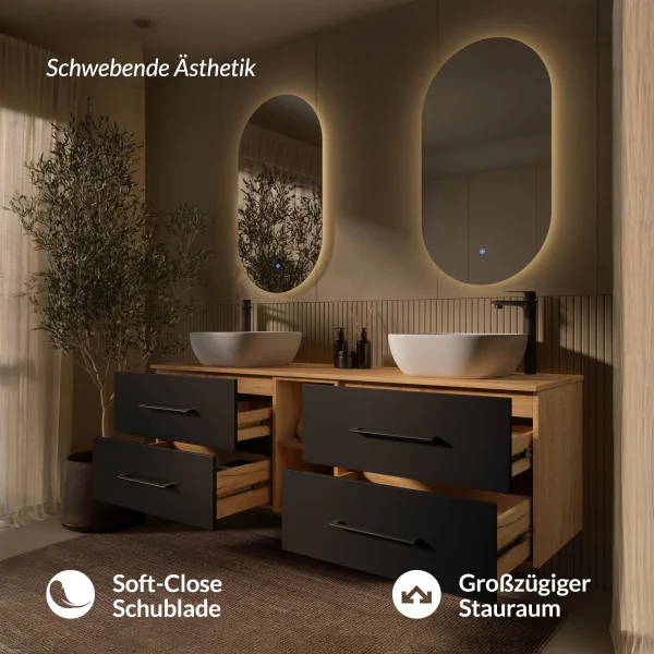 LUX 170 cm Double Vanity Cabinet in Gold Oak / Anthracite with 2 white 42 cm sinks and 2 mirrors with lighting
