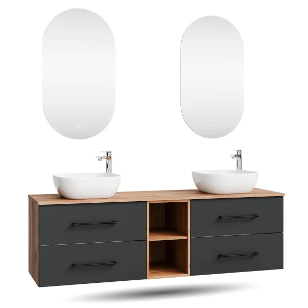 LUX 170 cm Double Vanity Cabinet in Gold Oak / Anthracite with 2 white 42 cm sinks and 2 mirrors with lighting