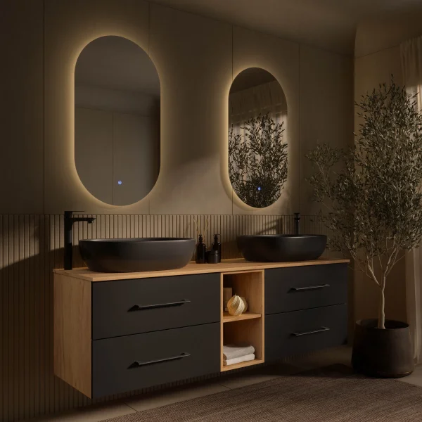 Meuble sous-lavabo double LUX 170 cm, chêne doré / anthracite, avec 2 lavabos noirs de 60 cm et 2 miroirs avec éclairage