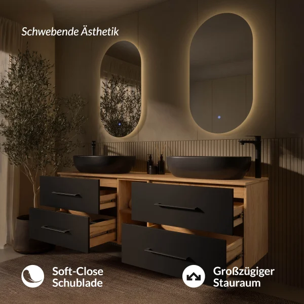 Meuble sous-lavabo double LUX 170 cm, chêne doré / anthracite, avec 2 lavabos noirs de 60 cm et 2 miroirs avec éclairage