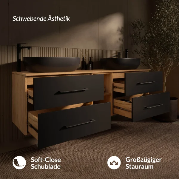 LUX 170 cm Double Vanity Cabinet in Gold Oak / Anthracite with 2 Black 60 cm Sinks